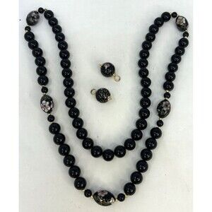 VTG Beaded Necklace 30" Black Gold Enamel Cloisonné Flowers Earring Danglers
